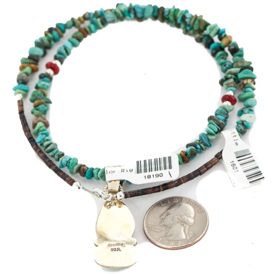 .925 Sterling Silver Certified Authentic Navajo Natural Turquoise Coral Native American Necklace 18190-1-1601