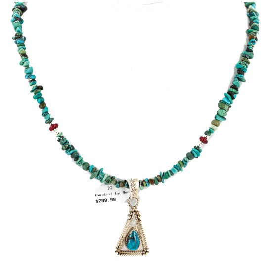.925 Sterling Silver Certified Authentic Navajo Natural Turquoise Coral Native American Necklace 18190-3-1601