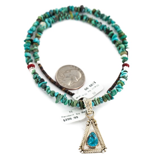 .925 Sterling Silver Certified Authentic Navajo Natural Turquoise Coral Native American Necklace 18190-3-1601