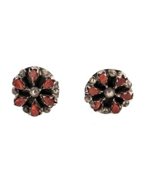 Certified Authentic Handmade Petit Point Flower Zuni .925 Sterling Silver Coral Native American Stud Earrings 27214-2