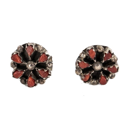 Certified Authentic Handmade Petit Point Flower Zuni .925 Sterling Silver Coral Native American Stud Earrings 27214-2