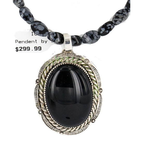 Handmade Certified Authentic .925 Sterling Silver Navajo Natural Turquoise Black Onyx Snowflakes Obsidian Native American Necklace 12927-15814