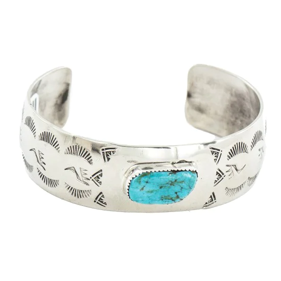 Nickel Navajo Handmade Natural Turquoise Native American Bracelet 13067-1