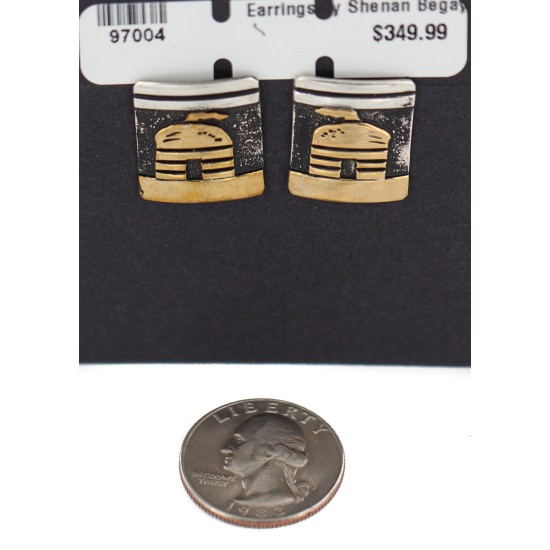 12kt Gold Filled and .925 Sterling Silver Handmade Hogan Certified Authentic Navajo Native American Stud Earrings 97004