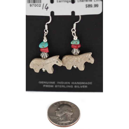 Horse Certified Authentic Navajo .925 Sterling Silver Hooks Natural Turquoise and Jasper Coral Dangle Native American Earrings 97002-14