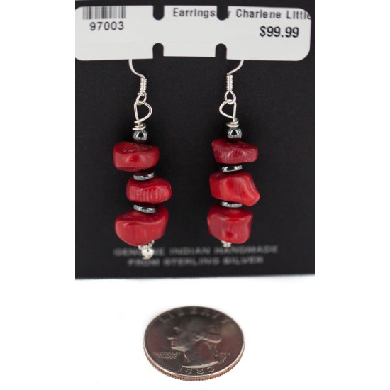 Certified Authentic Navajo .925 Sterling Silver Hooks Natural Hematite Coral Native American Dangle Earrings 97003