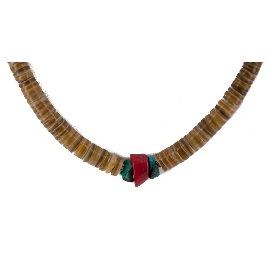 .925 Sterling Silver Certified Authentic Navajo Coral and Natural Graduated Heishi Native American Necklace 95004-5