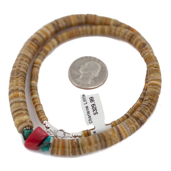 .925 Sterling Silver Certified Authentic Navajo Coral and Natural Graduated Heishi Native American Necklace 95004-5