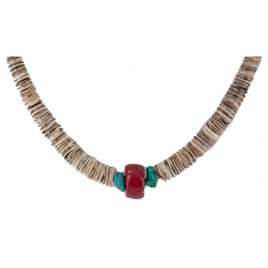 .925 Sterling Silver Navajo Certified Authentic Coral and Natural Graduated Heishi Native American Necklace  95004-6