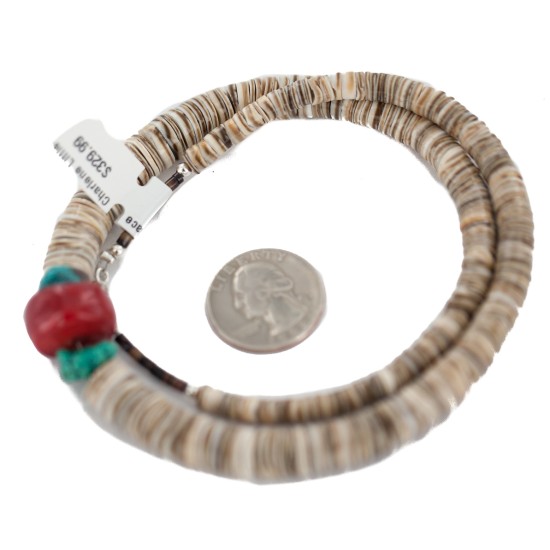 .925 Sterling Silver Navajo Certified Authentic Coral and Natural Graduated Heishi Native American Necklace  95004-6