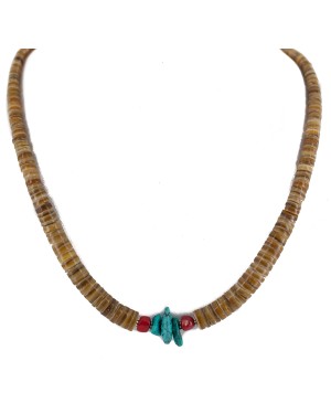 .925 Sterling Silver Certified Authentic Navajo Natural Turquoise Graduated Heishi Coral Native American Necklace 95004-7