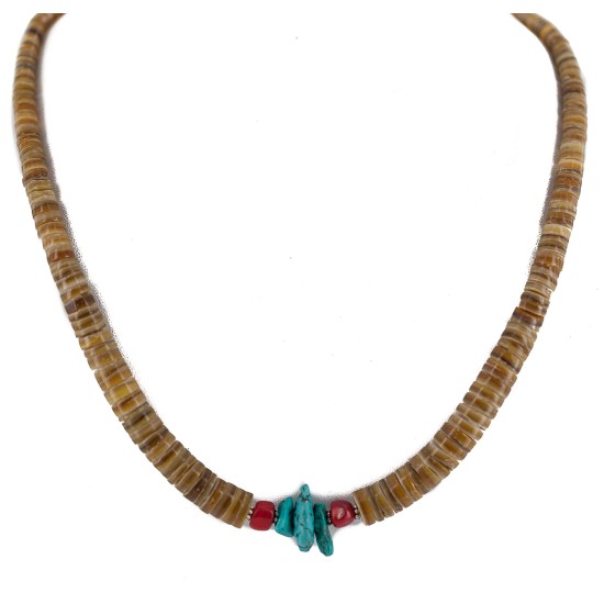 .925 Sterling Silver Certified Authentic Navajo Natural Turquoise Graduated Heishi Coral Native American Necklace 95004-7