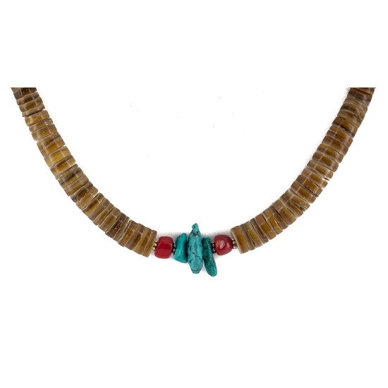 .925 Sterling Silver Certified Authentic Navajo Natural Turquoise Graduated Heishi Coral Native American Necklace 95004-7