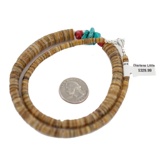 .925 Sterling Silver Certified Authentic Navajo Natural Turquoise Graduated Heishi Coral Native American Necklace 95004-7