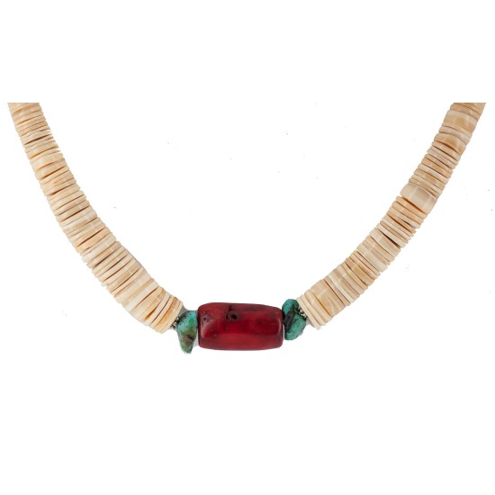 .925 Sterling Silver Certified Authentic Navajo Coral and Natural Turquoise Graduated Melon Shell Native American Necklace 95004-9