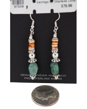 .925 Sterling Silver Hooks Certified Authentic Navajo Natural Turquoise and Graduated Spiny Oyster Native American Set 95006-1-97009-1