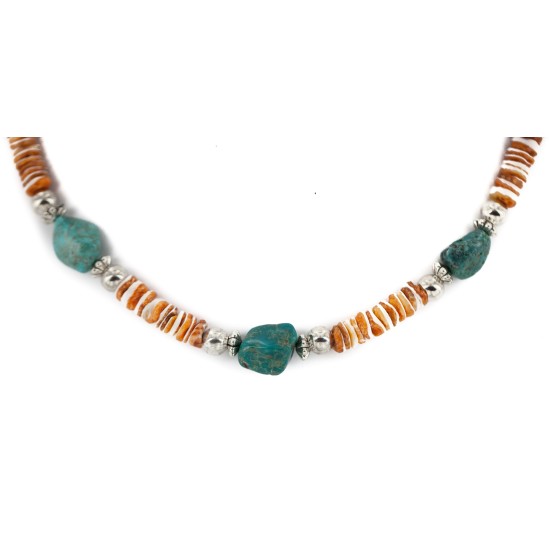 .925 Sterling Silver Hooks Certified Authentic Navajo Natural Turquoise and Graduated Spiny Oyster Native American Set 95006-1-97009-1
