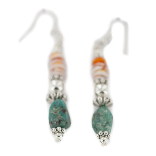 .925 Sterling Silver Hooks Certified Authentic Navajo Natural Turquoise and Graduated Spiny Oyster Native American Set 95006-1-97009-1