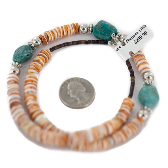 .925 Sterling Silver Hooks Certified Authentic Navajo Natural Turquoise and Graduated Spiny Oyster Native American Set 95006-1-97009-1