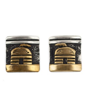 12kt Gold Filled and .925 Sterling Silver Handmade Hogan Certified Authentic Navajo Native American Stud Earrings 97004