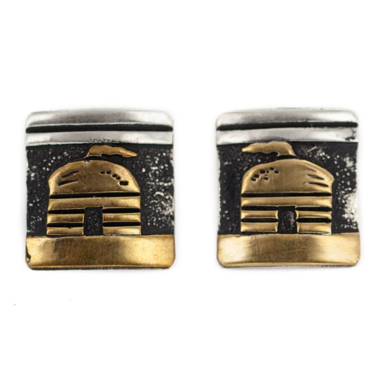 12kt Gold Filled and .925 Sterling Silver Handmade Hogan Certified Authentic Navajo Native American Stud Earrings 97004