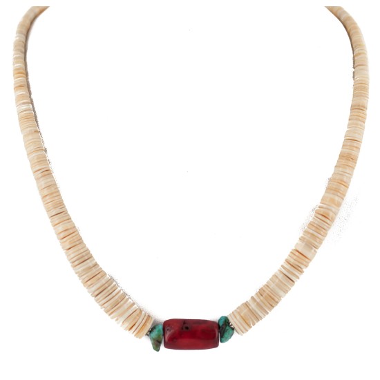 .925 Sterling Silver Certified Authentic Navajo Coral and Natural Turquoise Graduated Melon Shell Native American Necklace 95004-9
