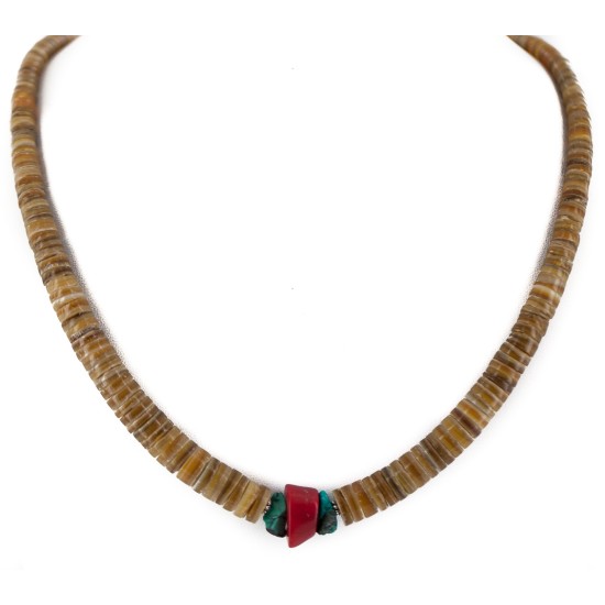 .925 Sterling Silver Certified Authentic Navajo Coral and Natural Graduated Heishi Native American Necklace 95004-5