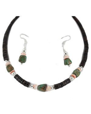 .925 Sterling Silver Hooks Certified Authentic Navajo Natural Turquoise and Graduated Heishi Native American Set 95006-2-97009-2