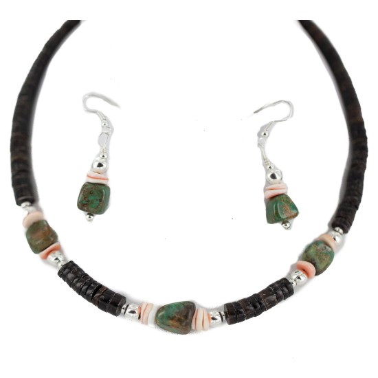.925 Sterling Silver Hooks Certified Authentic Navajo Natural Turquoise and Graduated Heishi Native American Set 95006-2-97009-2