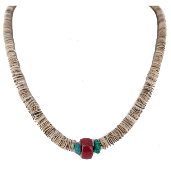 .925 Sterling Silver Navajo Certified Authentic Coral and Natural Graduated Heishi Native American Necklace  95004-6