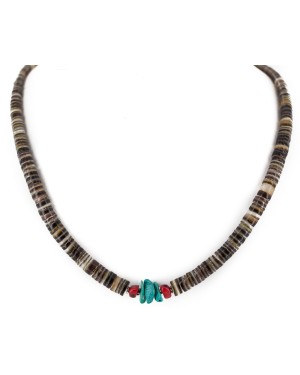 .925 Sterling Silver Navajo Certified Authentic Coral and Natural Turquoise Graduated Heishi Native American Necklace 95004-4