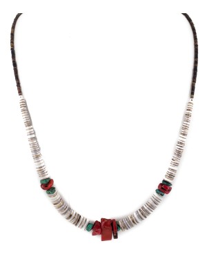 .925 Sterling Silver Navajo Certified Authentic Coral and Natural Turquoise Graduated Heishi Native American Necklace 95005