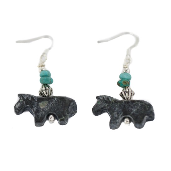 Certified Authentic Horse Navajo .925 Sterling Silver Hooks Natural Turquoise and Jasper Dangle Native American Earrings 97002-15