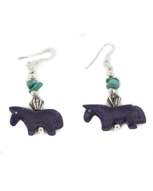Certified Authentic Horse Navajo .925 Sterling Silver Hooks Natural Turquoise and Resin Dangle Native American Earrings 97002-5
