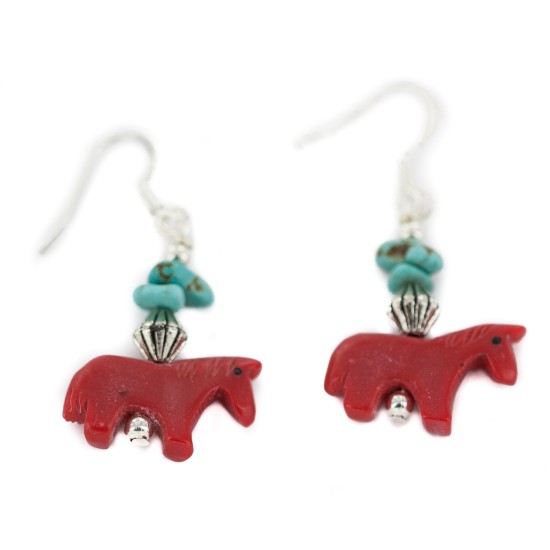 Certified Authentic Horse Navajo .925 Sterling Silver Hooks Natural Turquoise Resin Dangle Native American Earrings  97002-1