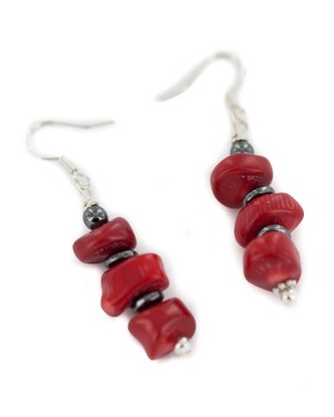 Certified Authentic Navajo .925 Sterling Silver Hooks Natural Hematite Coral Native American Dangle Earrings 97003