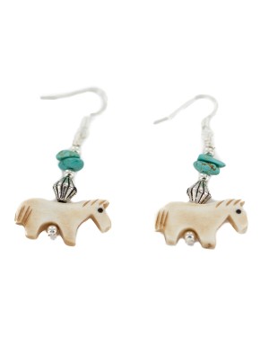 Horse Certified Authentic Navajo .925 Sterling Silver Hooks Natural Turquoise and Bone Dangle Native American Earrings 97002-16