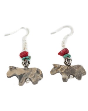 Horse Certified Authentic Navajo .925 Sterling Silver Hooks Natural Turquoise and Green Jasper Coral Dangle Native American Earrings 97002-8