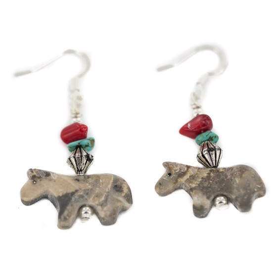 Horse Certified Authentic Navajo .925 Sterling Silver Hooks Natural Turquoise and Green Jasper Coral Dangle Native American Earrings 97002-8