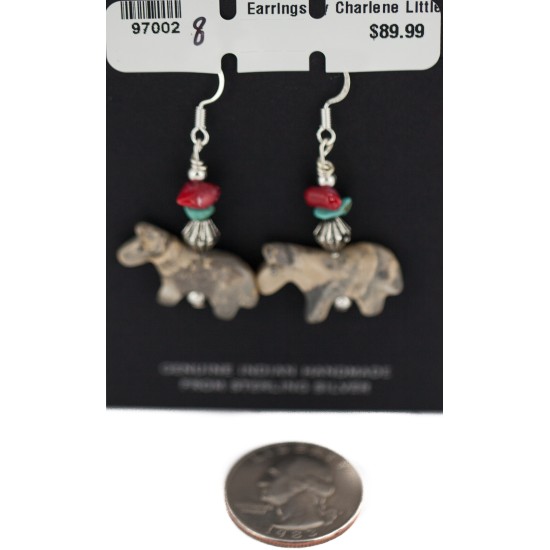 Horse Certified Authentic Navajo .925 Sterling Silver Hooks Natural Turquoise and Green Jasper Coral Dangle Native American Earrings 97002-8