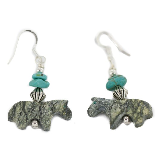 Horse Certified Authentic Navajo .925 Sterling Silver Hooks Natural Turquoise and Green Jasper Dangle Native American Earrings 97002-9