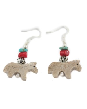 Horse Certified Authentic Navajo .925 Sterling Silver Hooks Natural Turquoise and Jasper Coral Dangle Native American Earrings 97002-14