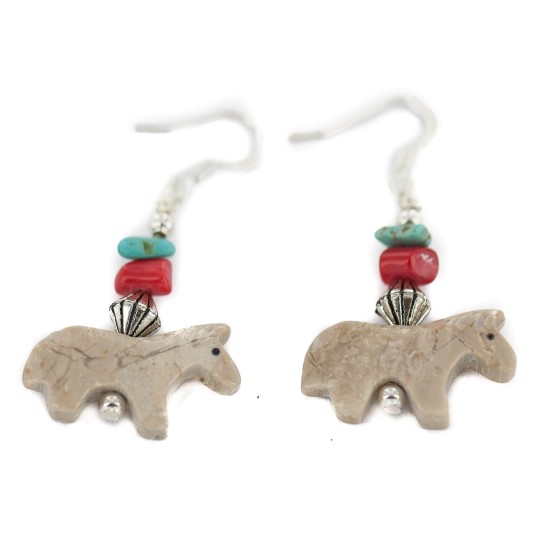 Horse Certified Authentic Navajo .925 Sterling Silver Hooks Natural Turquoise and Jasper Coral Dangle Native American Earrings 97002-14
