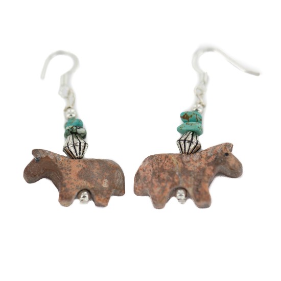 Horse Certified Authentic Navajo .925 Sterling Silver Hooks Natural Turquoise and Jasper Dangle Native American Earrings 97002-3