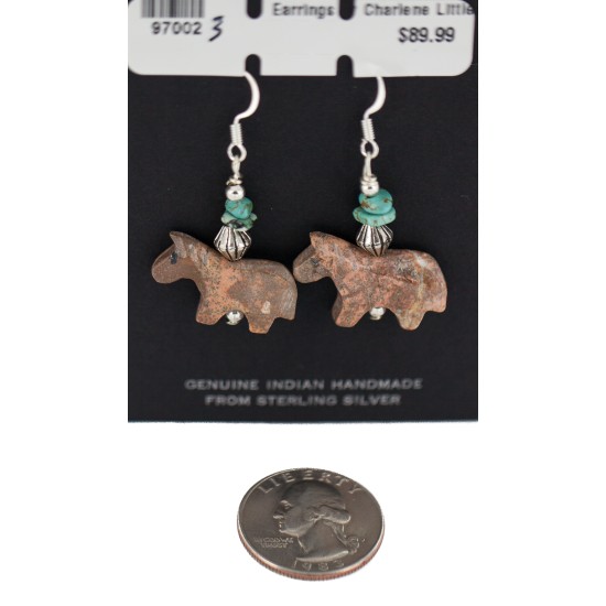 Horse Certified Authentic Navajo .925 Sterling Silver Hooks Natural Turquoise and Jasper Dangle Native American Earrings 97002-3