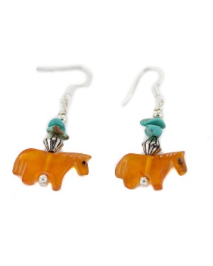 Horse Navajo Certified Authentic .925 Sterling Silver Hooks Natural Turquoise and Resin Dangle Native American Earrings 97002-4