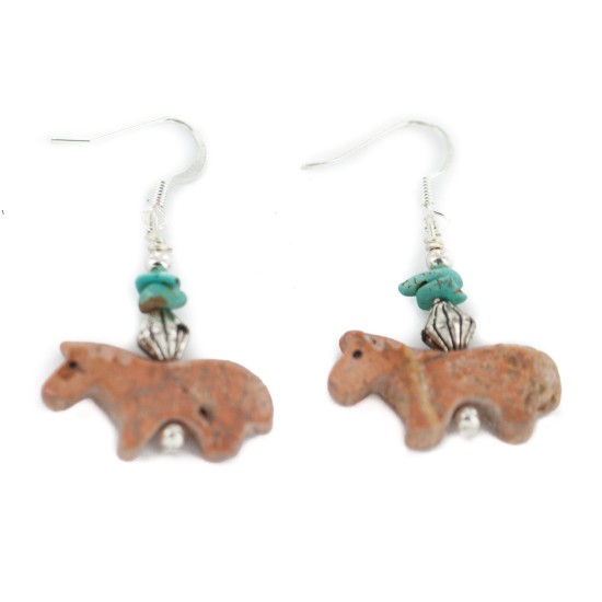 Navajo Horse Certified Authentic .925 Sterling Silver Hooks Natural Turquoise and Jasper Dangle Native American Earrings 97002-11