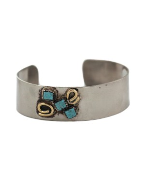 Certified Authentic Handmade Navajo Brass Natural Turquoise Native American Nickel Bracelet  92019-1