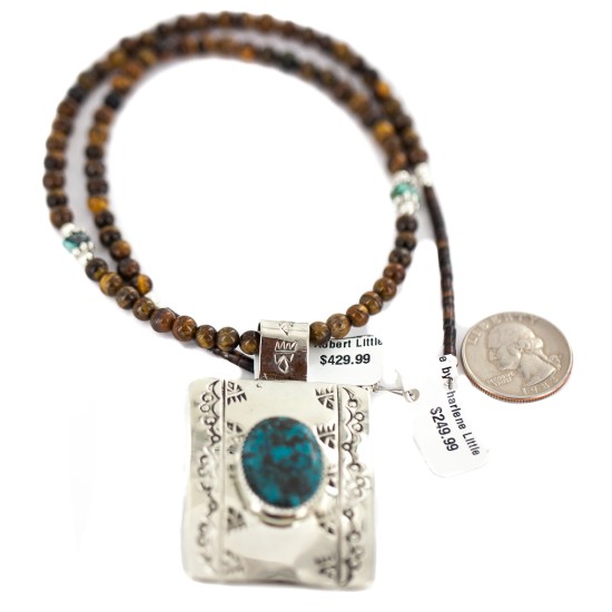 Certified Authentic .925 Sterling Silver and Nickel Handmade Navajo Natural Turquoise Tigers Eye Native American Necklace  94005-6-95001-1
