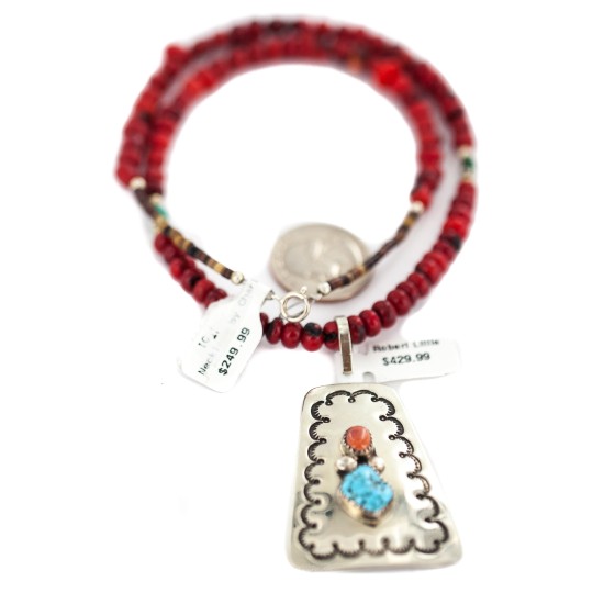 Certified Authentic .925 Sterling Silver and Nickel Handmade Navajo Natural Turquoise Coral Native American Necklace  94007-16039-1